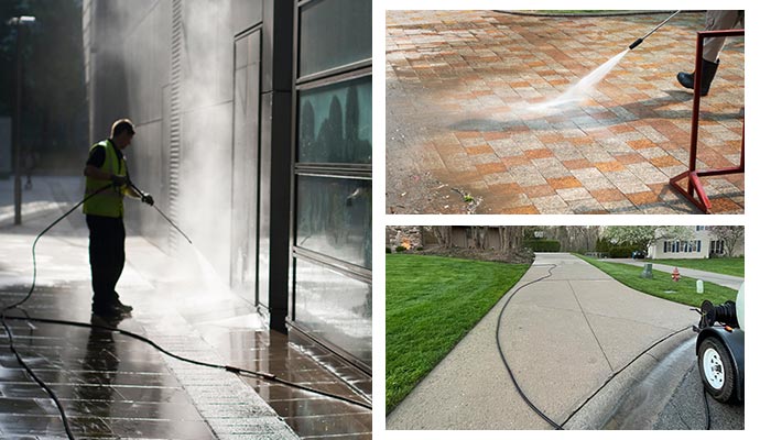 collage of commercial and brick paver cleaning driveway cleaning