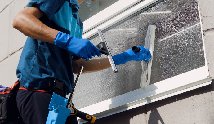 A person cleaning a window using a squeegee and soapy water