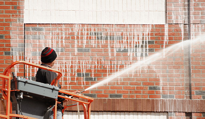 Pressure washing an exterior wall