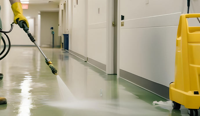 Person cleaning hospital floor with pressure wash