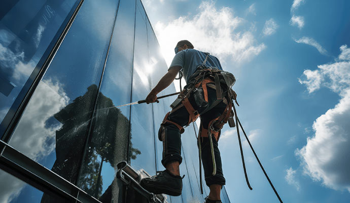 professional worker soft-washing commercial building window