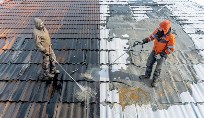 Two worker cleaning a sloped roof with a pressure washer