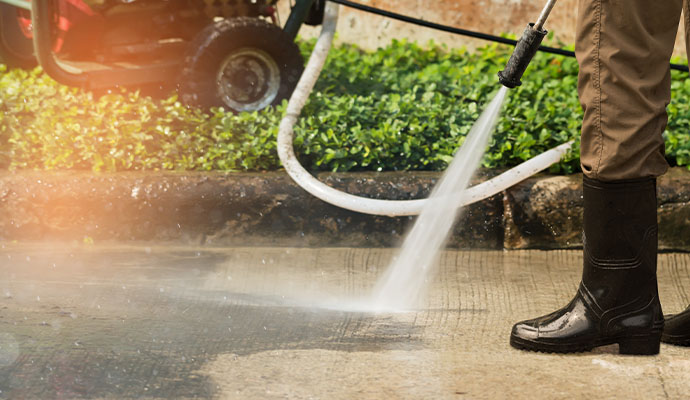 Using power washer to clean concrete driveway