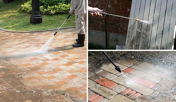 Collage of Fence, walkways, Brick paver cleaning using pressure-washing