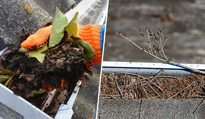  Collage of gutter filled with twigs and debris.