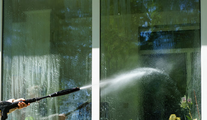 a stream of water being sprayed onto a residential window for cleaning purpose