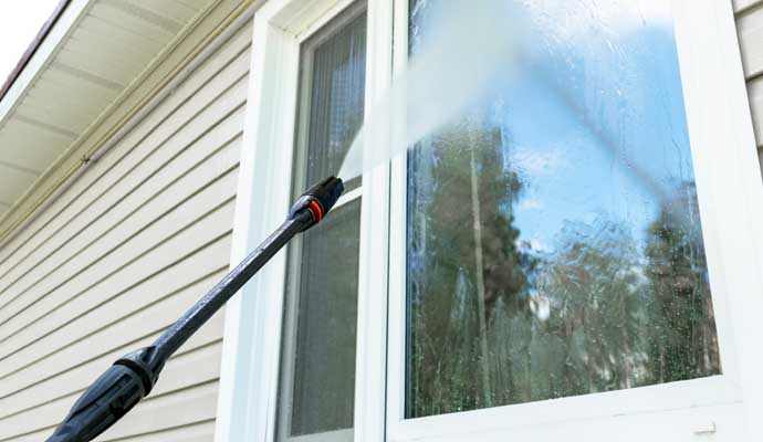 a window being cleaned with a pressure washer